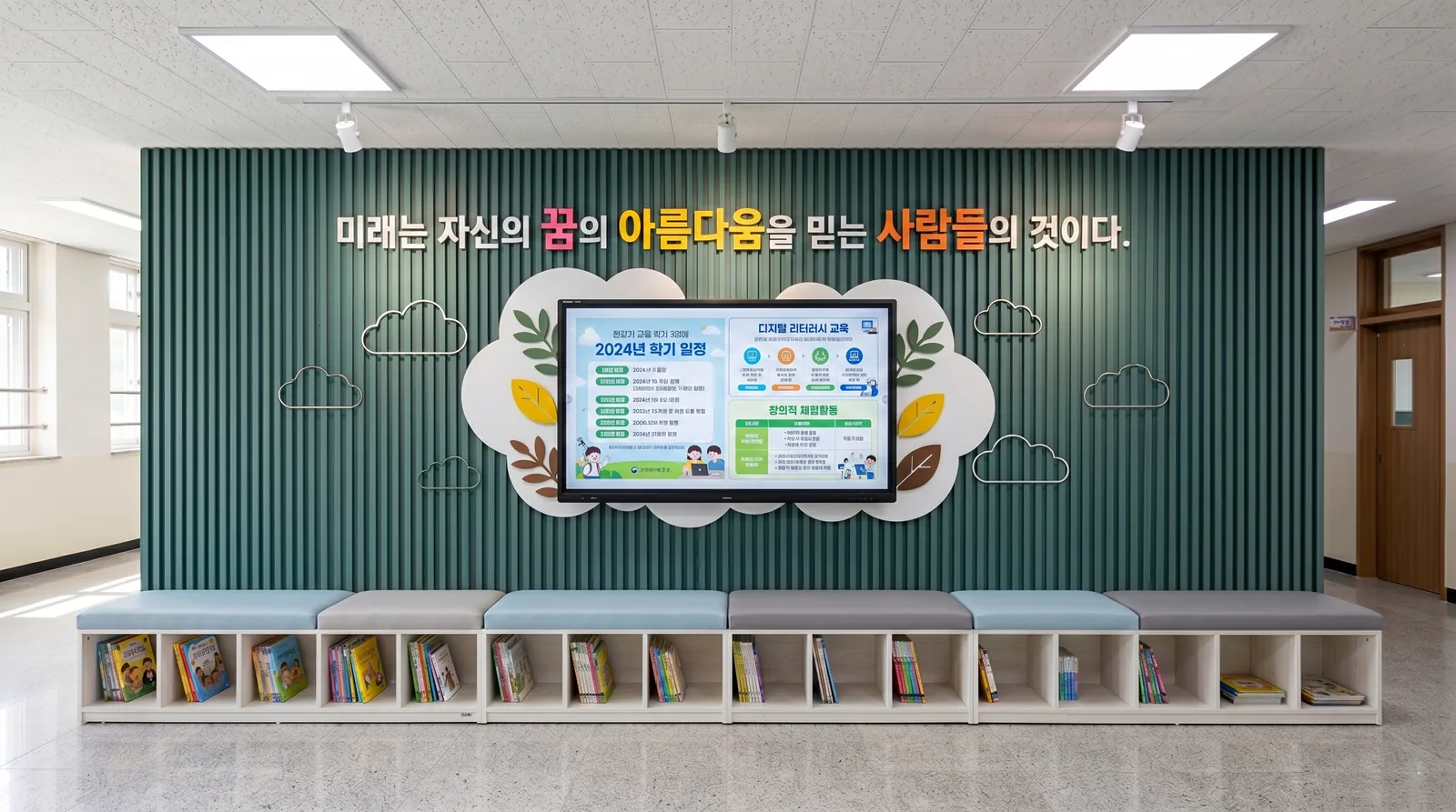 전자게시대와 게시벽을 조성한 학교 복도 환경 구축 예시