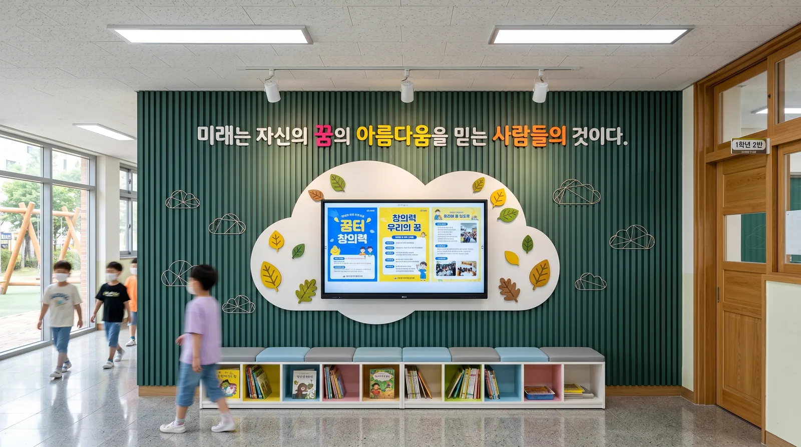학생들이 이용하는 학교 복도 디지털 게시 공간 구축 예시